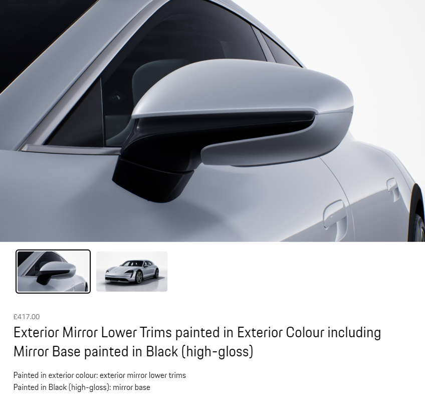 Exterior Mirror Lower Trims painted in Exterior Colour including Mirror Base painted in Black (high-gloss)